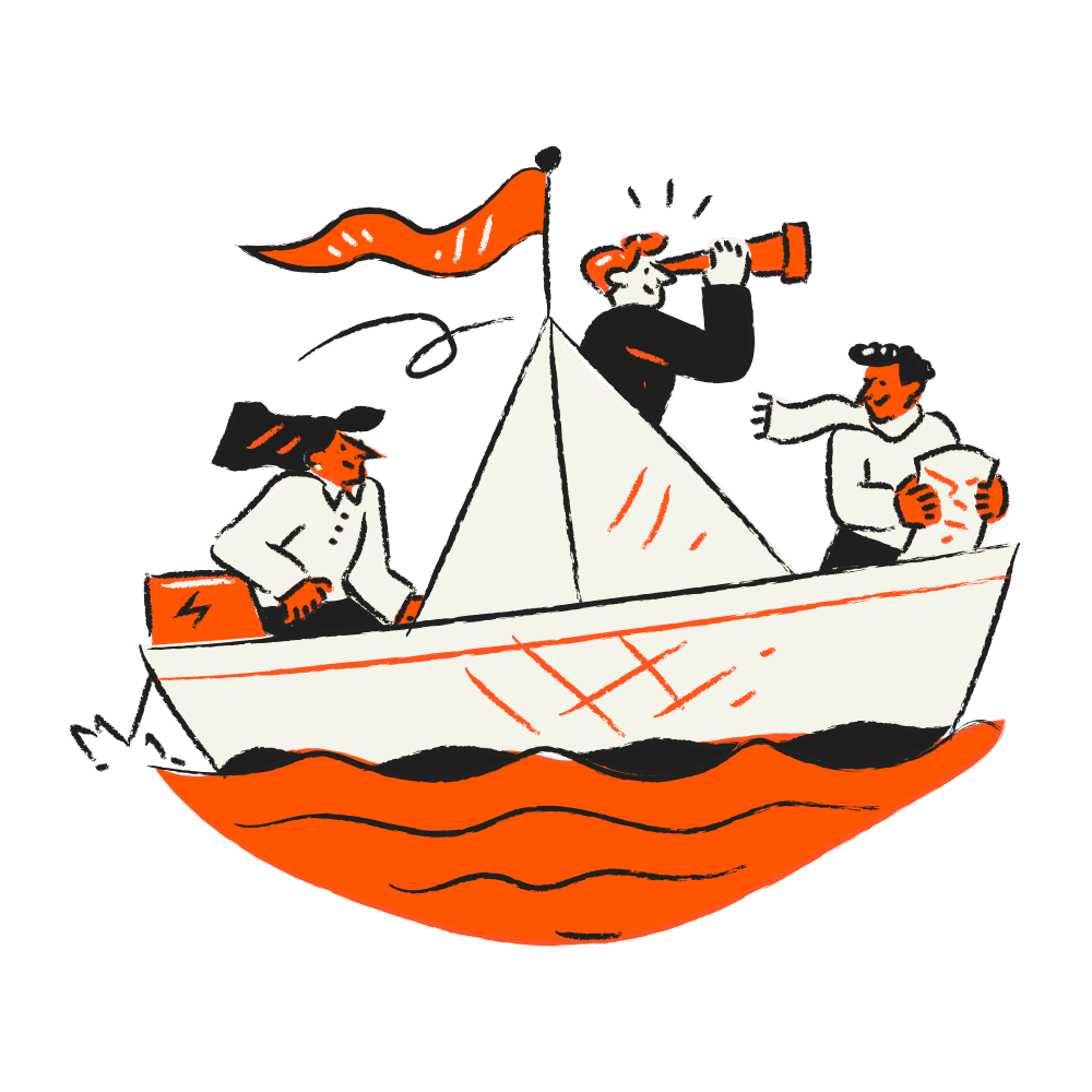 Illustrated team navigating a paper boat