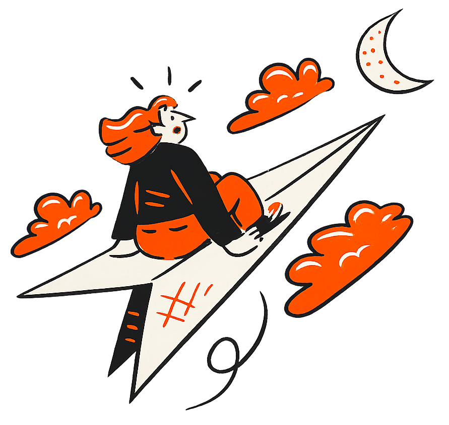Illustration of a person riding a paper airplane through the night sky